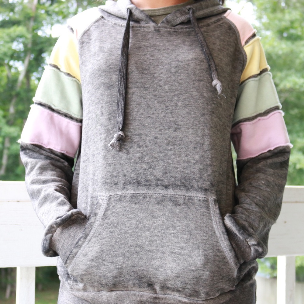 Gray hoodie with pastel sleeve stripes